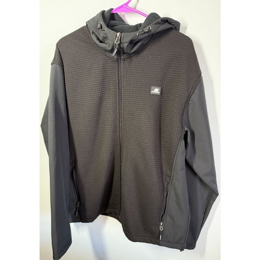 New‎ Balance Black Full Zip Hoodie Jacket Mens L Textured Fleece Lined Athletic